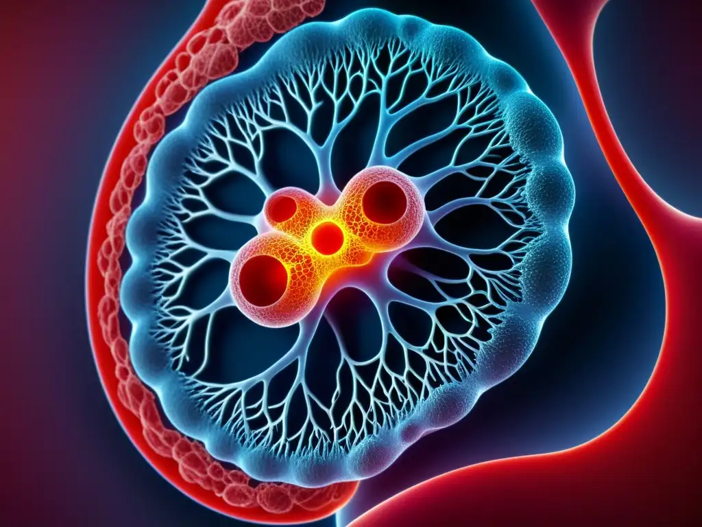 Detallada imagen de los alvéolos en los pulmones humanos, resaltando la red de capilares y el intercambio de oxígeno y dióxido de carbono