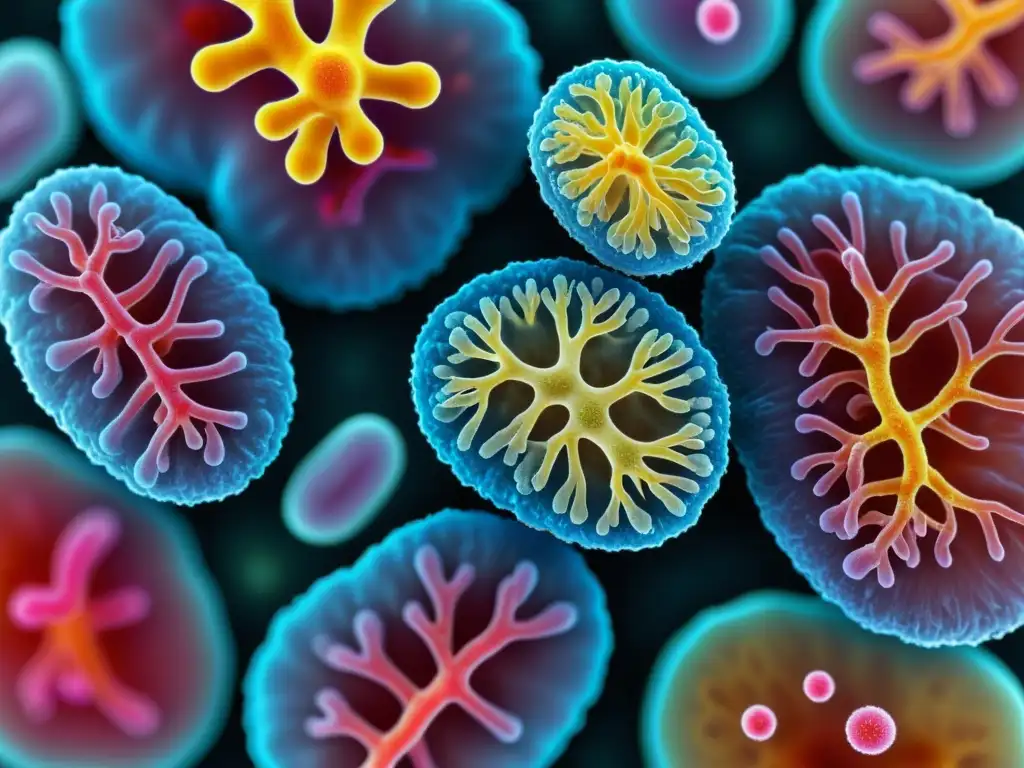 Detallada imagen de bacterias probióticas saludables en microscopio, sobre tejido pulmonar, destacando beneficios probióticos para salud respiratoria