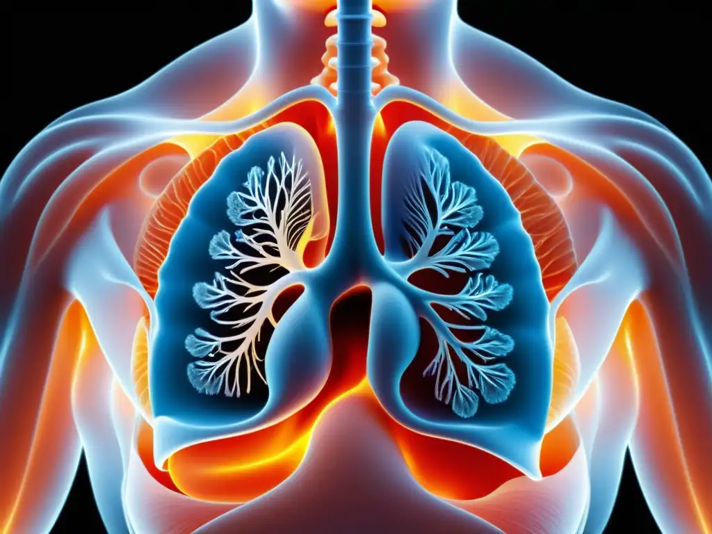 Detallada imagen de la biomecánica del diafragma durante la respiración profunda