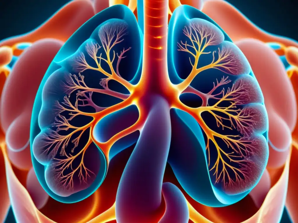 Detallada imagen 8k del diafragma y pulmones durante un suspiro, mostrando la compleja función fisiológica del suspiro