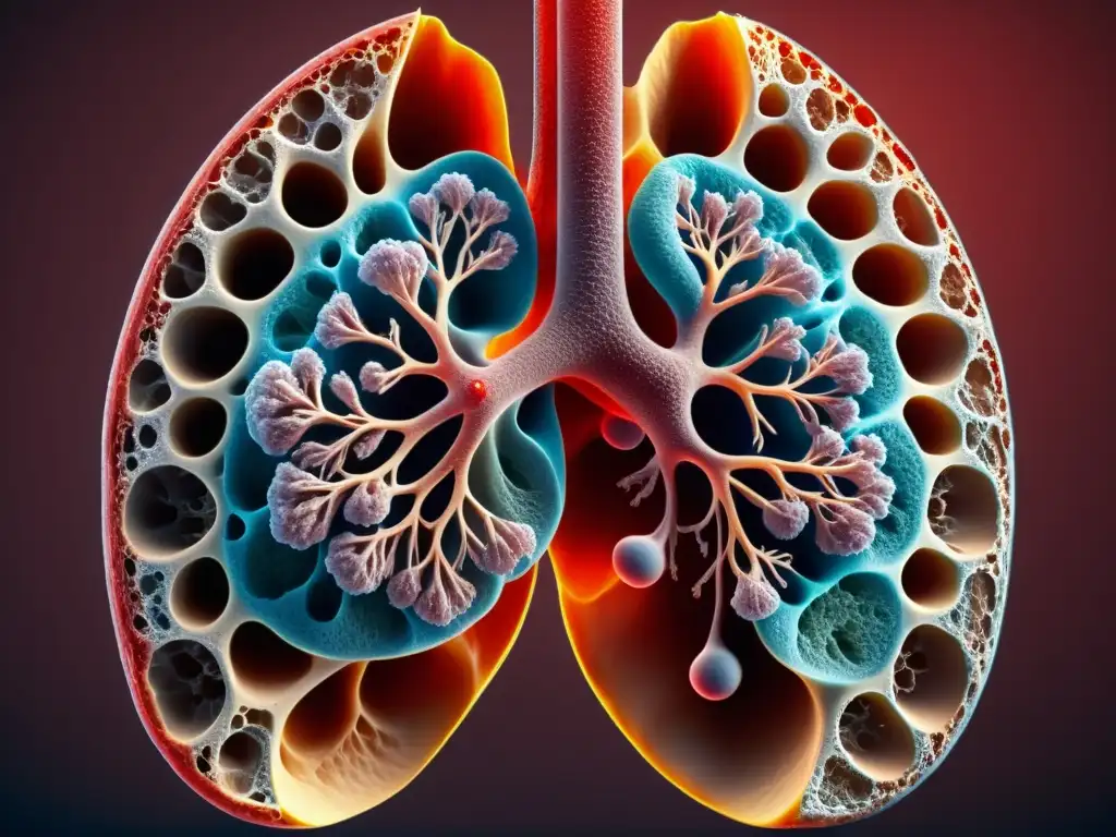 Detallada imagen en 8k de la fisiología pulmonar en diferentes edades, mostrando cambios en alvéolos, vasos sanguíneos y elasticidad del tejido