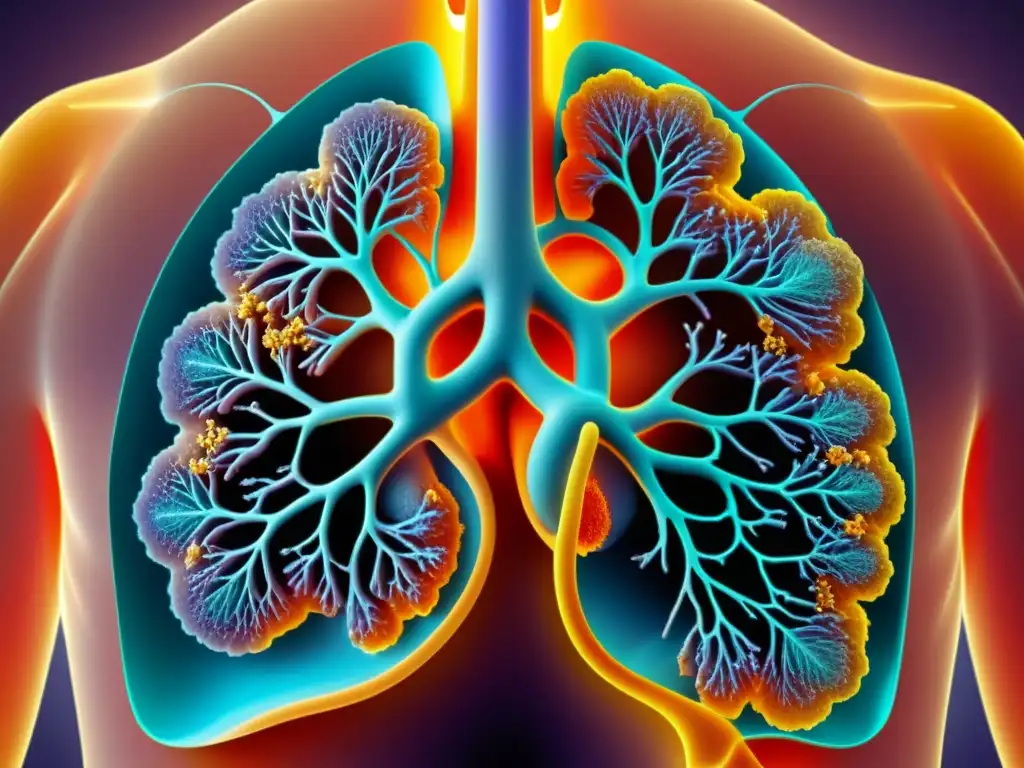 Detallada imagen de la fisiología pulmonar en adolescentes, mostrando la red de bronquios y alvéolos en vibrante detalle