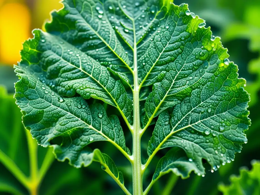 Detallada imagen de una hoja de col rizada verde vibrante, cubierta de gotas de agua, con luz solar brillante a través de sus venas