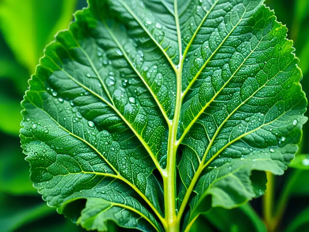 Detallada imagen de una hoja verde vibrante con gotas de agua, mostrando la importancia del zinc en enfermedades respiratorias