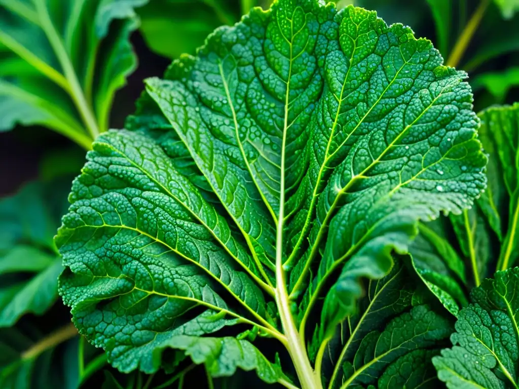 Detallada imagen de un manojo de kale verde vibrante con gotas de rocío, evocando frescura y vitalidad, alimentos que optimizan la capacidad pulmonar