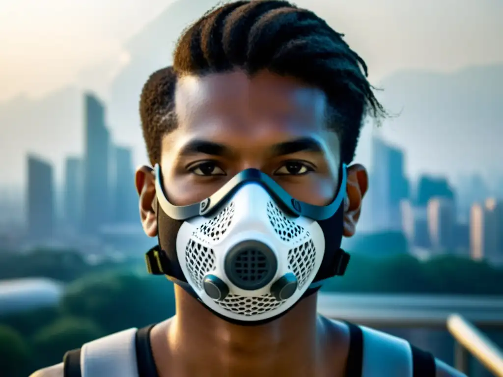 Detallada imagen de persona con mascarilla respiratoria de alta tecnología frente a un paisaje urbano brumoso, simbolizando la contaminación del aire