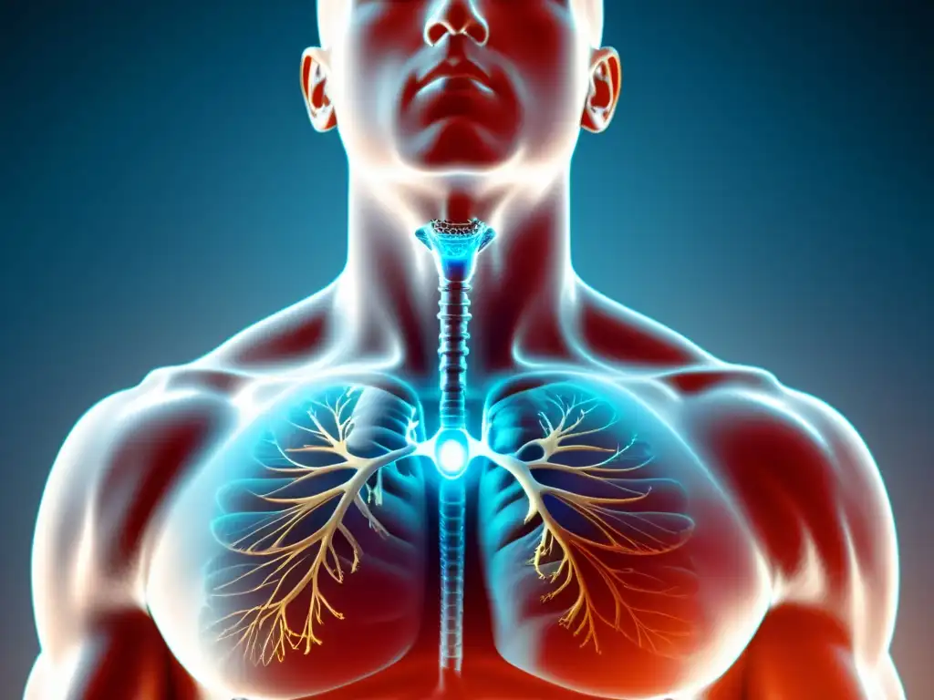 Detallada imagen de persona practicando técnicas avanzadas de respiración para oxigenación cerebral, mostrando la complejidad del movimiento muscular y la iluminación resaltando la fisiología del cuerpo