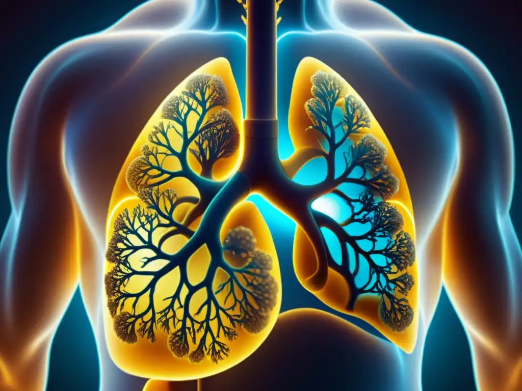 Detallada imagen de un pulmón sano iluminado con luz dorada, destacando la importancia de la vitamina D en la salud pulmonar y la vitalidad