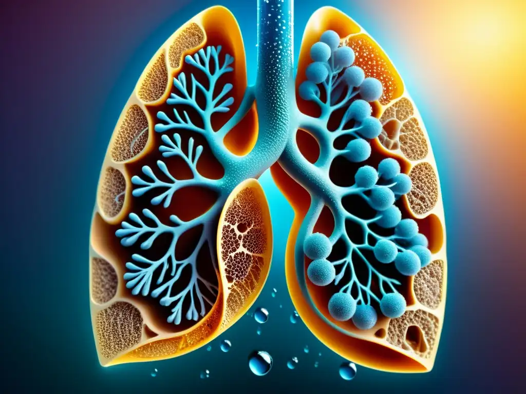 Detallada imagen de pulmones sanos con bronquios y alvéolos, rodeados de gotas de agua para simbolizar hidratación óptima y función pulmonar