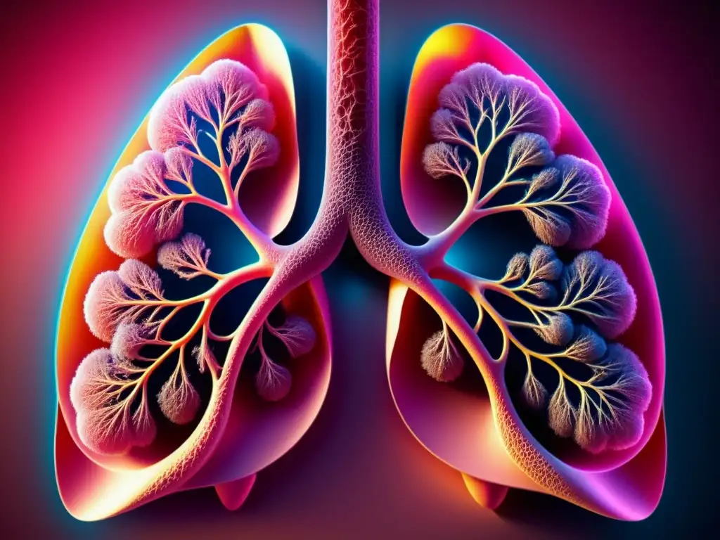 Detallada imagen de pulmones sanos con red de vasos sanguíneos y vías respiratorias