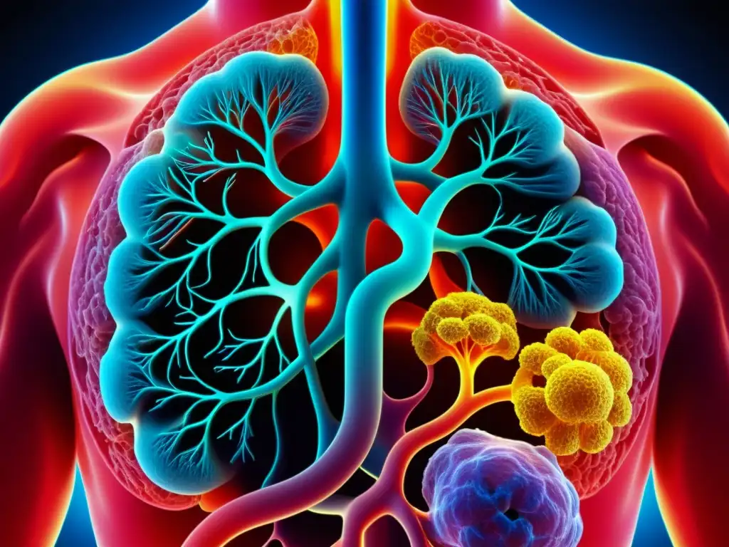 Detallada imagen del sistema respiratorio humano sano, resaltando su vitalidad y complejidad