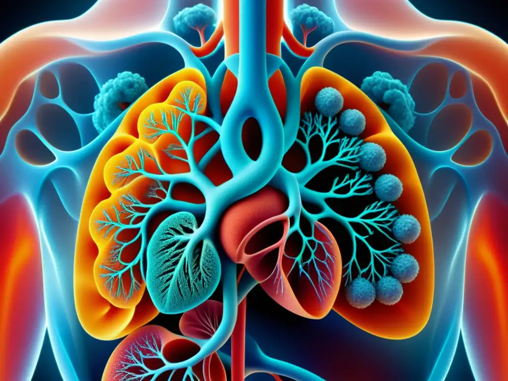 Detallada imagen del sistema respiratorio humano, resaltando la vulnerabilidad a la anafilaxia