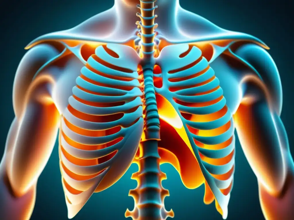 Detallada ilustración 8k de la mecánica respiratoria: músculos costillas y diafragma en acción, representando la respiración