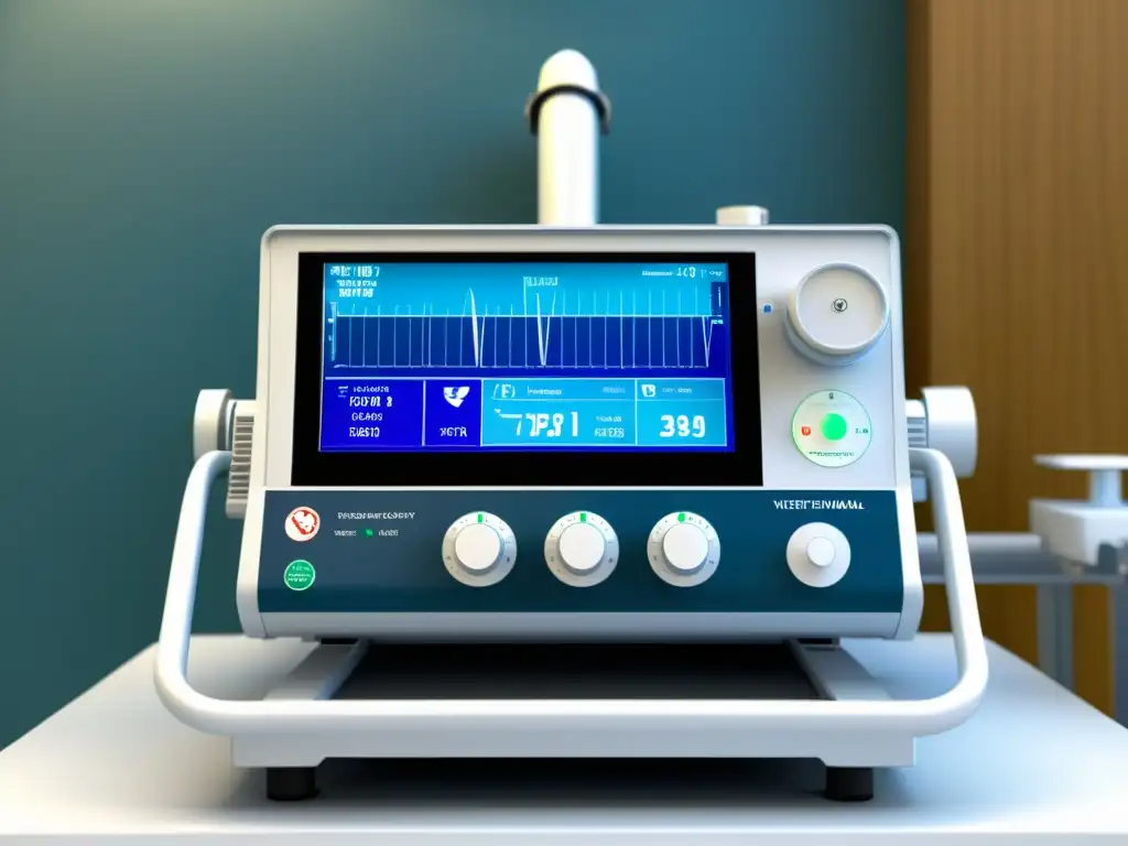 Detallada ilustración de un moderno ventilador mecánico en un entorno hospitalario, mostrando sus intrincados componentes y tecnología para la ventilación mecánica de emergencia