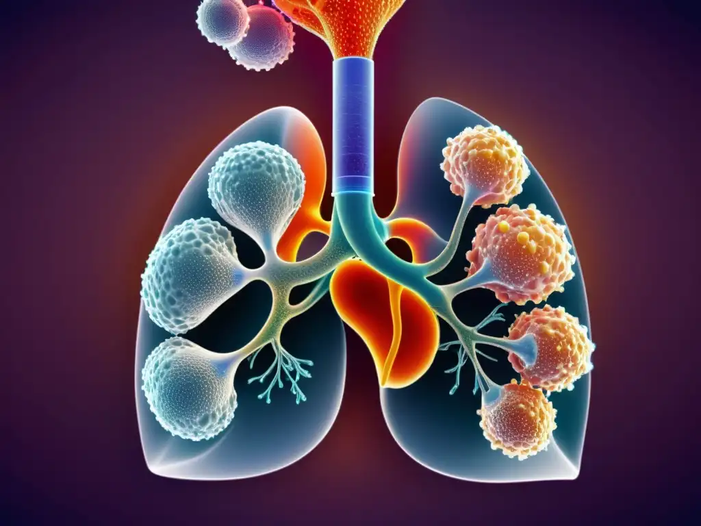 Detallada ilustración de nanopartículas medicina respiratoria administración fármacos, mostrando interacción con tejido pulmonar a nivel celular