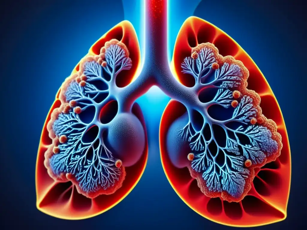 Detallada representación de los pulmones con alvéolos ramificados, mostrando el intercambio de oxígeno y dióxido de carbono