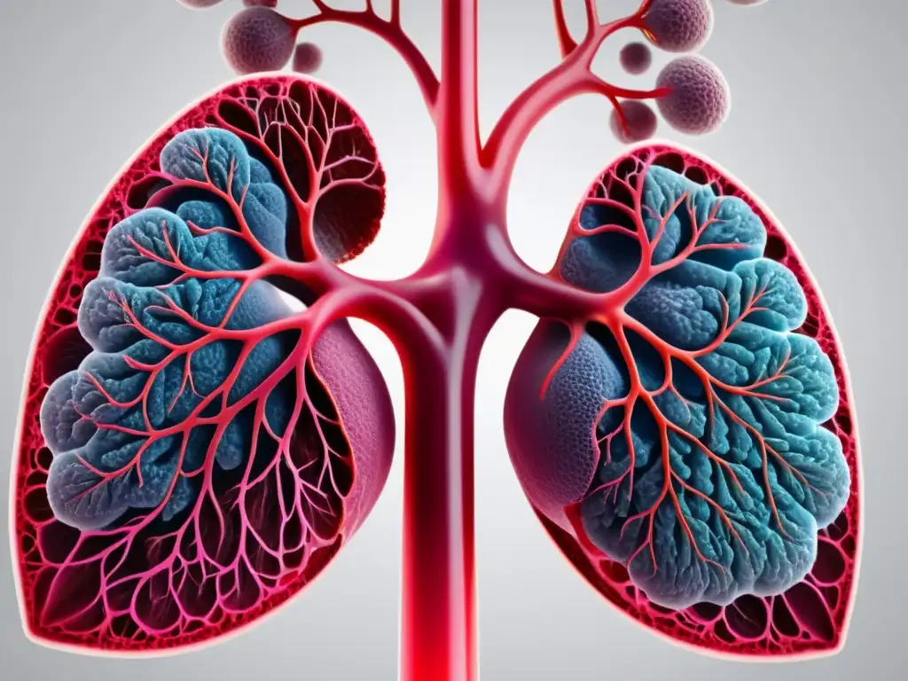 Una representación detallada de pulmones saludables, resaltando la red de vías respiratorias y vasos sanguíneos