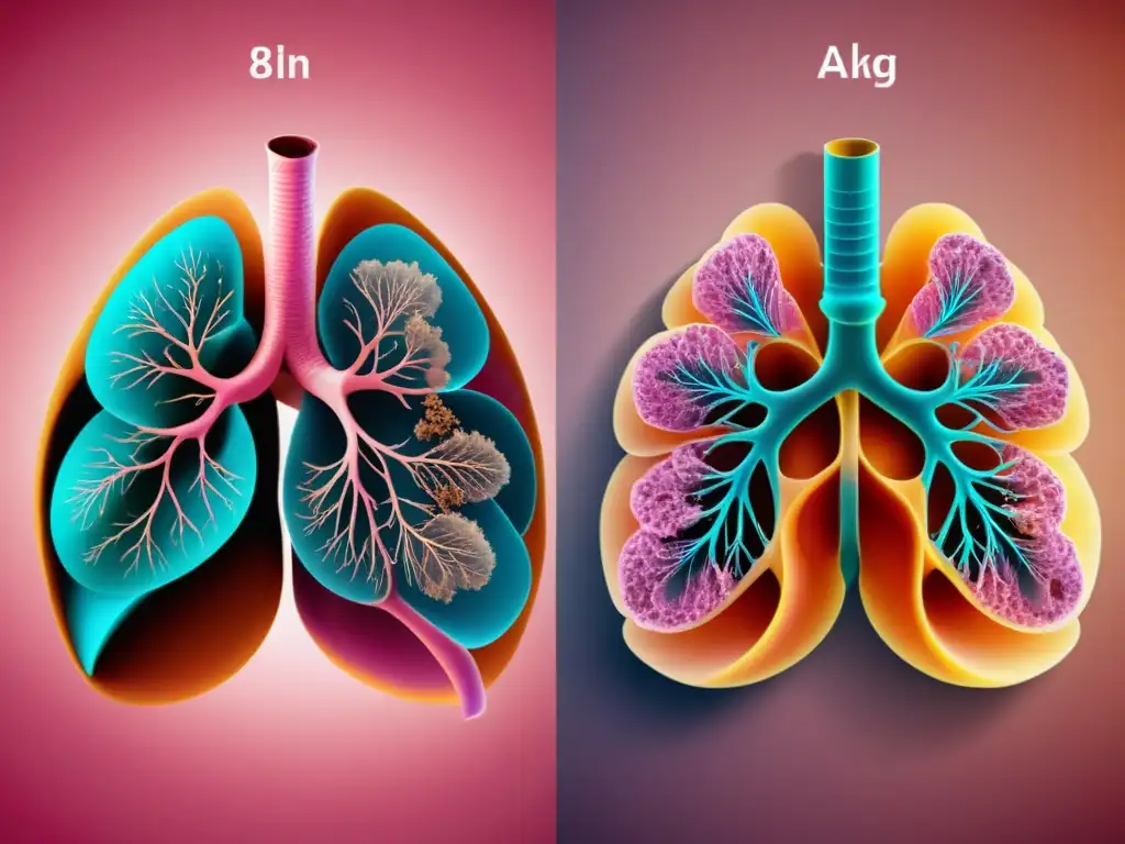 Comparación detallada en 8k de pulmones sanos jóvenes y envejecidos, mostrando efectos del envejecimiento en el sistema respiratorio