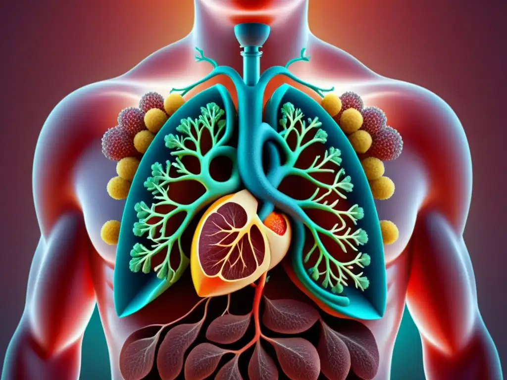 Detallada ilustración de pulmones sanos rodeados de ácidos grasos omega3, resaltando la relación beneficiosa con la función pulmonar