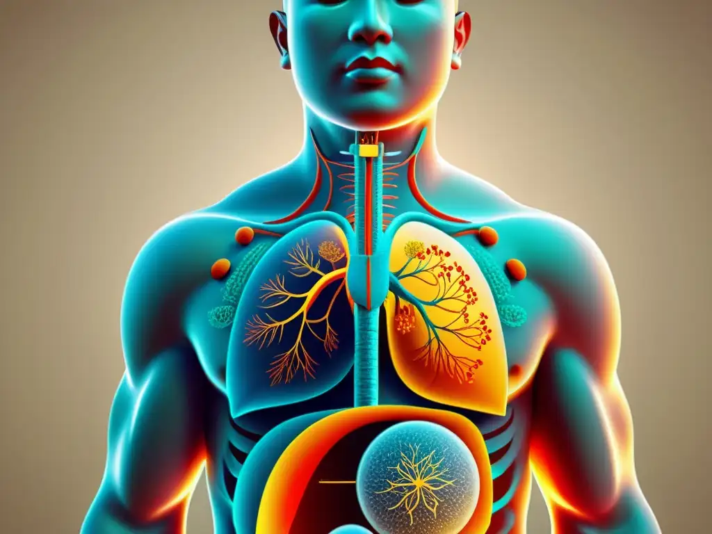 Detallada ilustración de puntos clave de acupuntura para liberar tensión respiratoria en el cuerpo humano, con diseño moderno y colores vibrantes