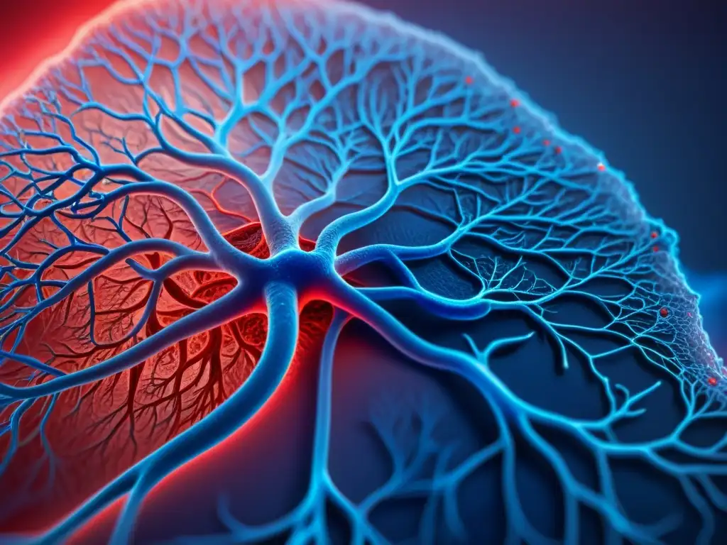 Detallada red de vasos sanguíneos en el cuerpo humano, con colores vibrantes y piel translúcida