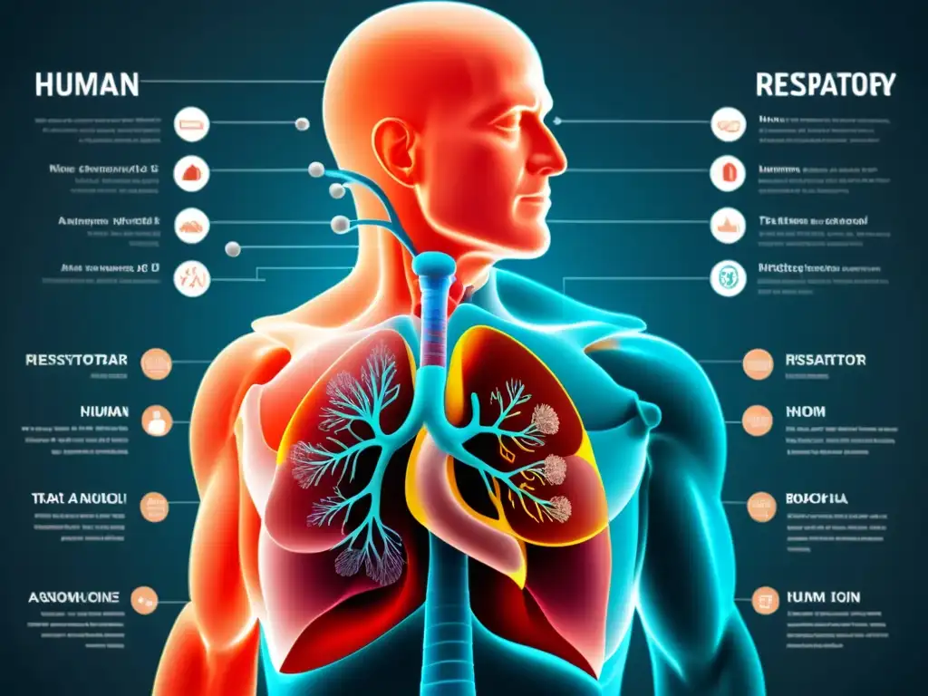 Infografía detallada de la anatomía del sistema respiratorio humano, con ilustraciones de pulmones, tráquea, bronquios y alvéolos