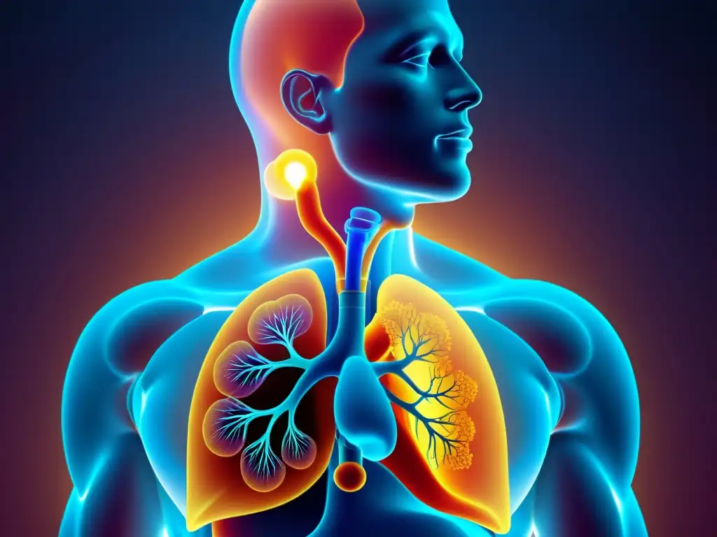 Ilustración detallada del sistema respiratorio humano con intercambio de gases en los alveolos y el papel del equilibrio ácido base en la respiración y nutrición