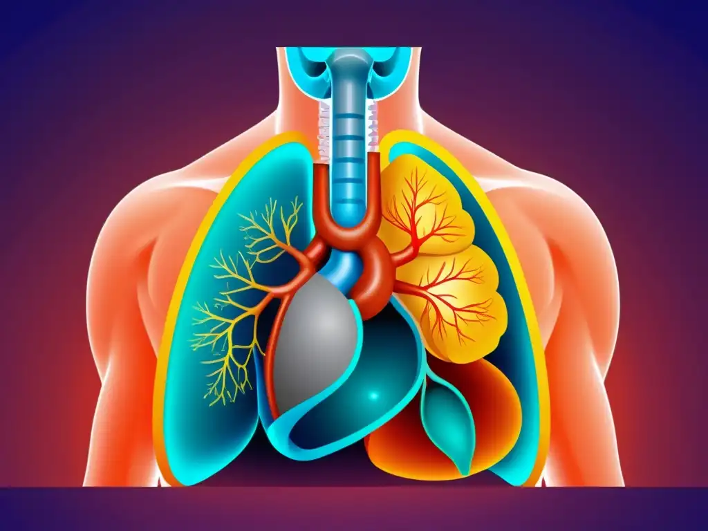 Detallada ilustración del sistema respiratorio humano y su relación con el equilibrio ácido base, destacando la nutrición