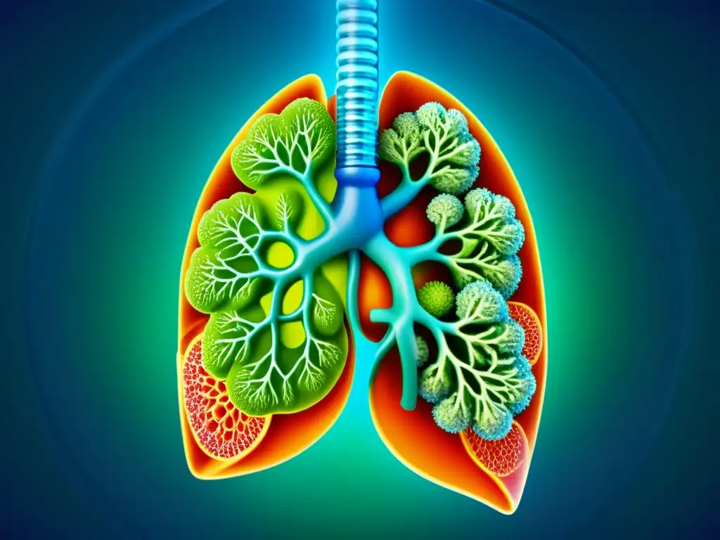 Un detallado dibujo de unos pulmones humanos sanos rodeados de virus y bacterias repelidos por moléculas de vacunas