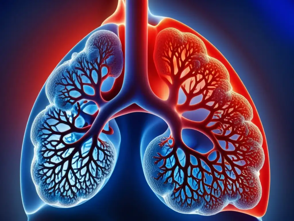 Detalle de los alvéolos pulmonares, mostrando la ruta vital de la respiración con redes capilares y el intercambio de oxígeno y dióxido de carbono