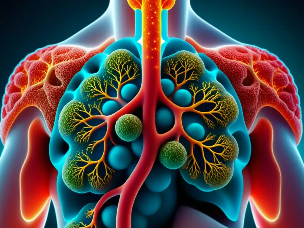 Detalle de alvéolos pulmonares sanos, mostrando red de capilares y el intercambio de oxígeno y dióxido de carbono