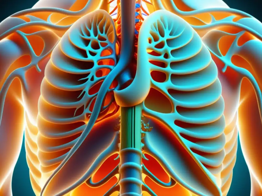 Detalle de ilustración anatómica mostrando la compleja biomecánica de la respiración diafragmática