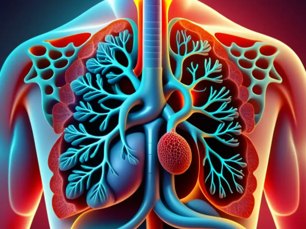 Detalle anatómico impresionante del sistema respiratorio humano en 8k, mostrando vías respiratorias, alvéolos y vasos sanguíneos en los pulmones