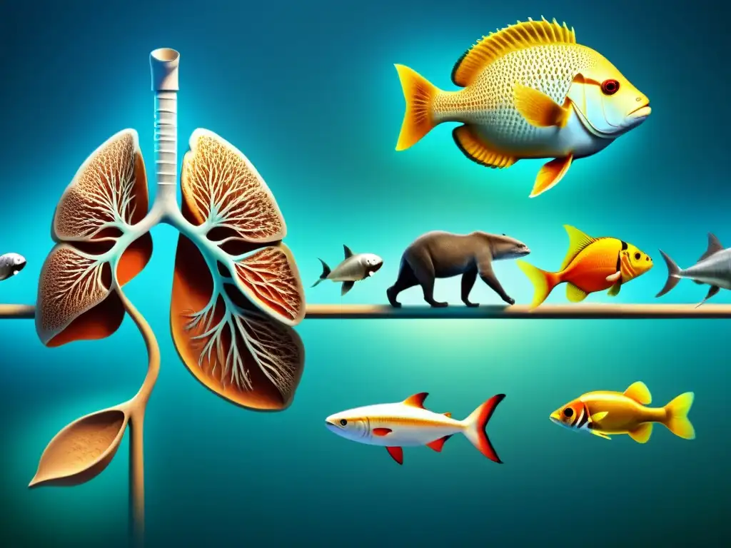 Detalle anatómico de la evolución de la respiración pulmonar en diversas especies, desde organismos acuáticos hasta humanos modernos