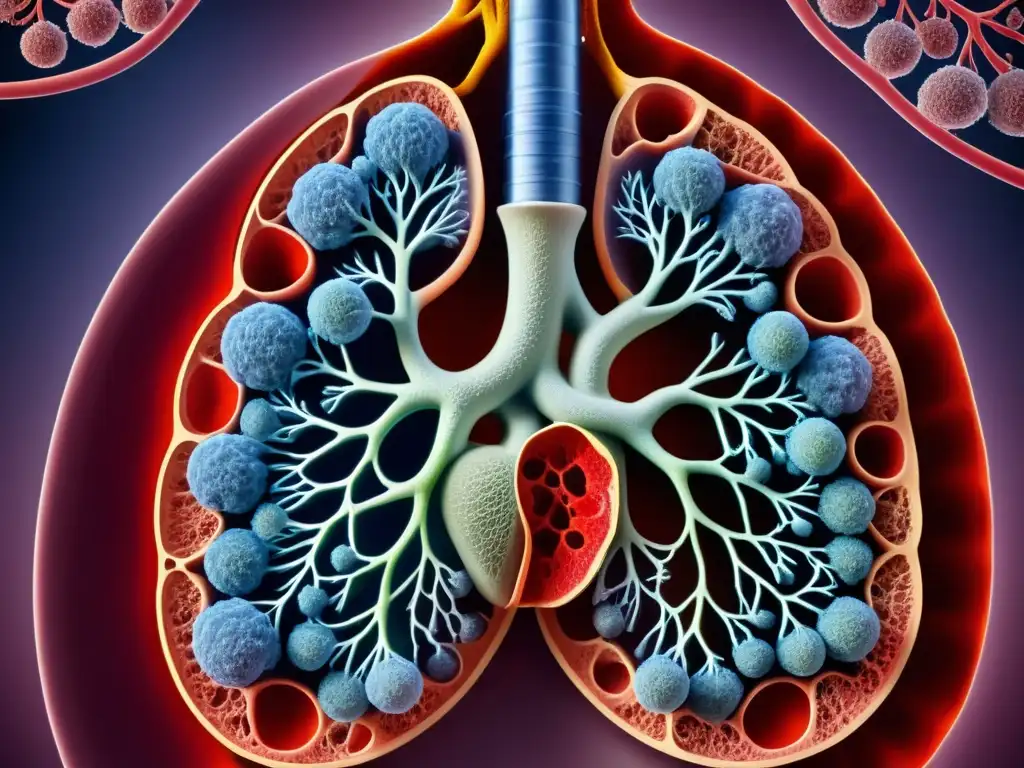 Detalle asombroso: compleja red de bronquios, alvéolos y vasos sanguíneos en el pulmón humano, capturando la evolución de la respiración pulmonar