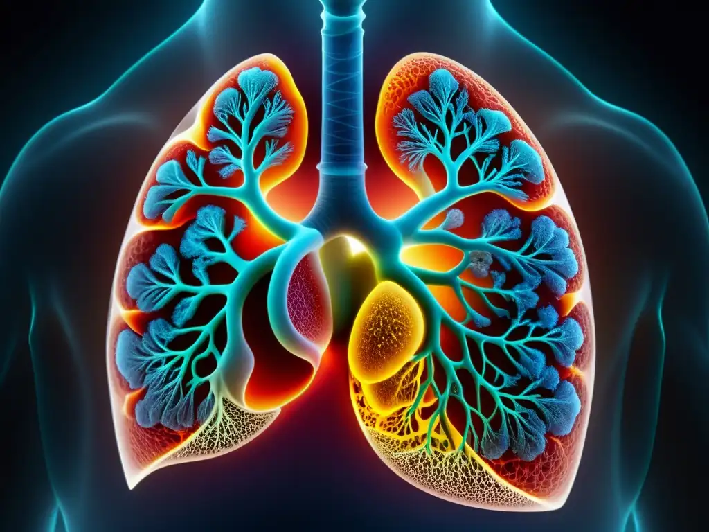 Detalle asombroso de unos pulmones humanos, resaltando la red intricada de bronquios y alvéolos