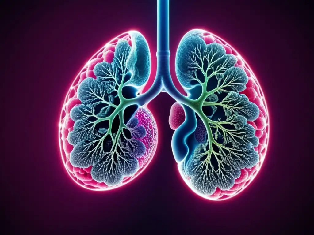 Pulmones sanos con detalles microscópicos y vitalidad Detalle asombroso de pulmones sanos con alvéolos ramificados y tejido rosa vibrante, resaltando la vitalidad