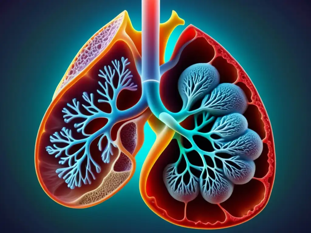 Detalle asombroso de pulmones sanos en 8k, resaltando la compleja red de bronquios, alvéolos y vasos sanguíneos