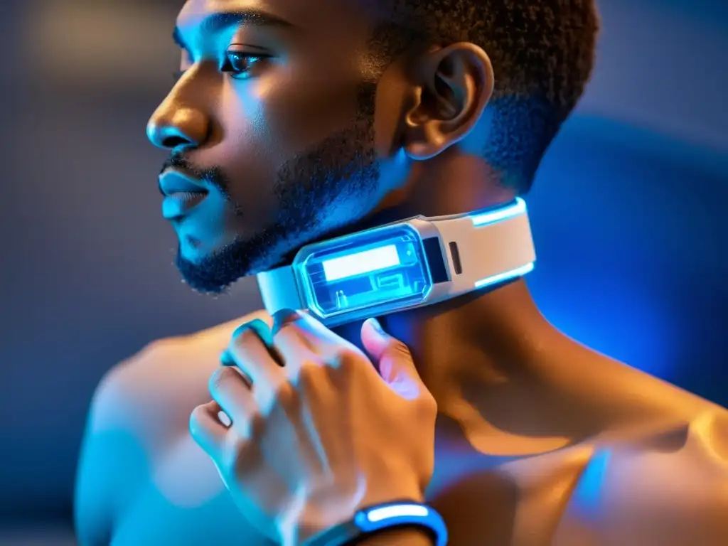 Detalle de avanzado dispositivo respiratorio wearable en entorno científico