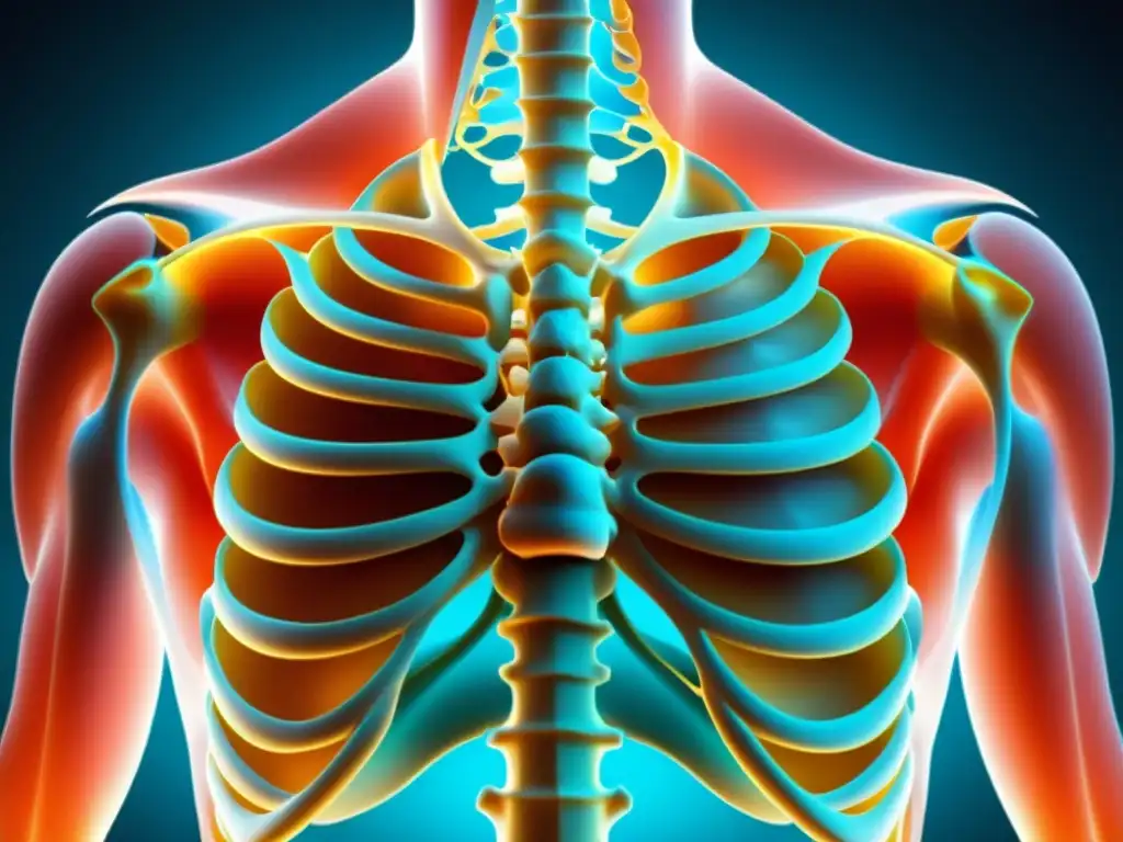 Detalle de la anatomía de la caja torácica y el diafragma, ilustrando la importancia de la respiración adecuada en la postura