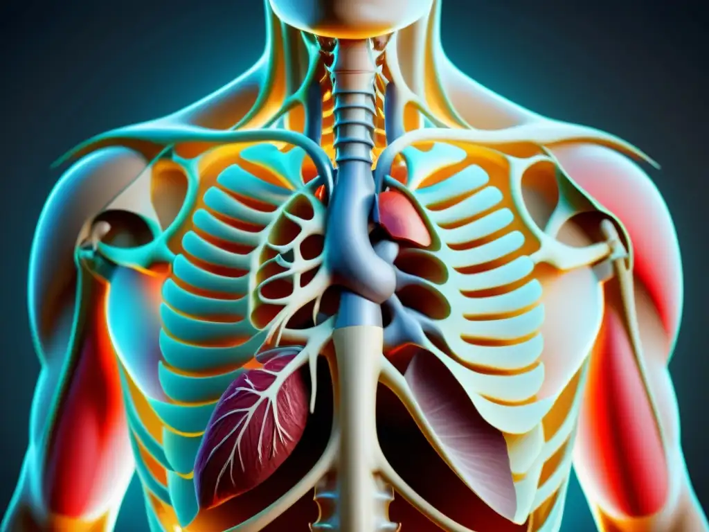 Detalle en 8k de la cavidad torácica humana, destacando la protección de los órganos respiratorios