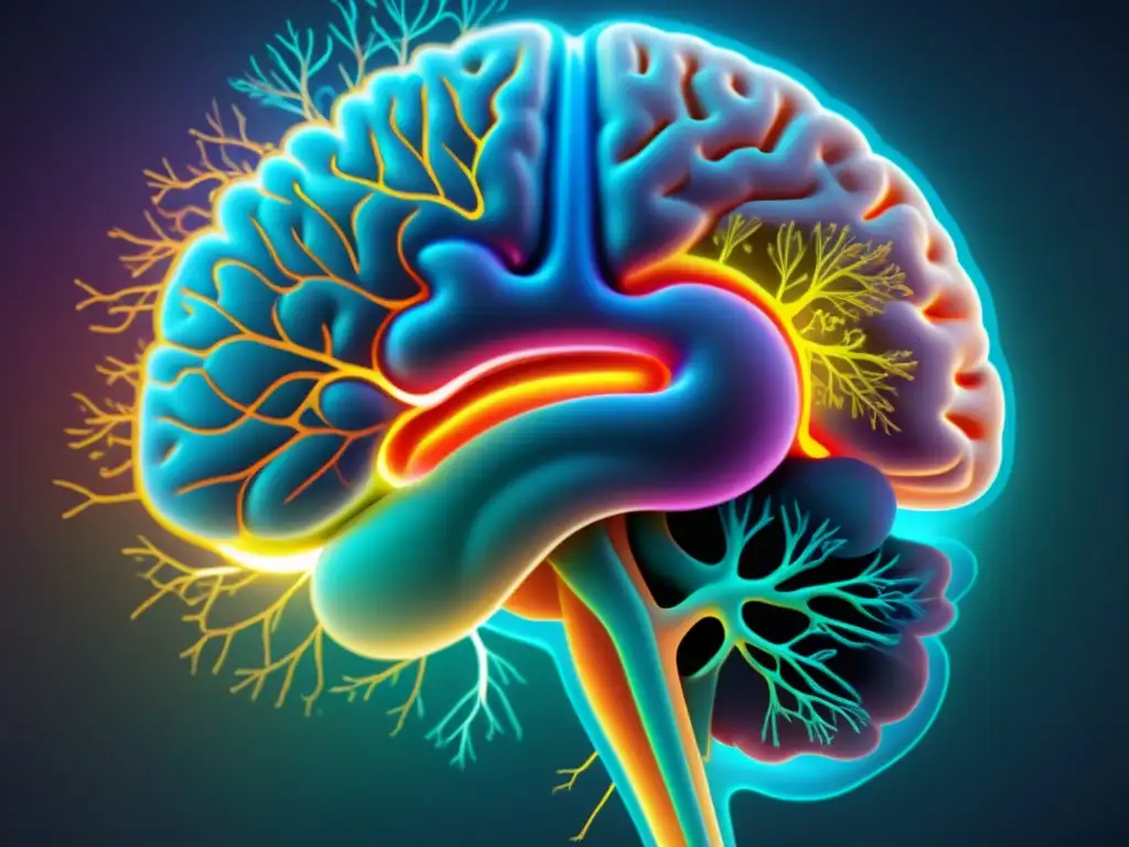 Detalle de ilustración anatómica del cerebro humano resaltando áreas y vías relacionadas con la regulación de la respiración