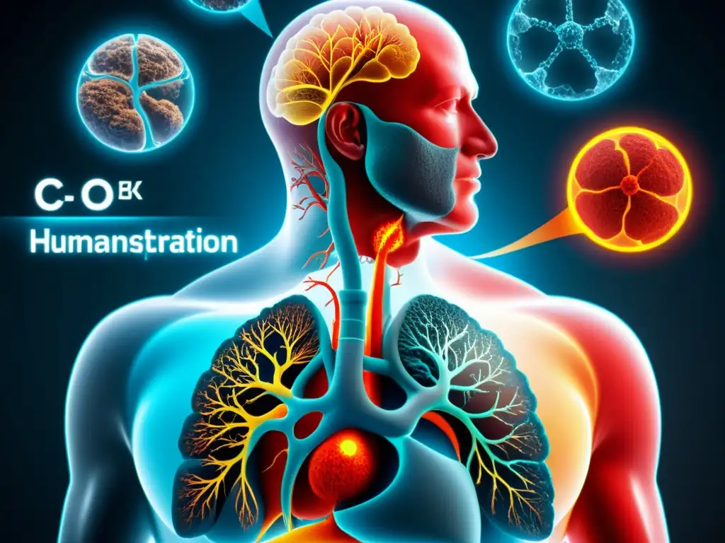 Detalle del ciclo de CO2 en el cuerpo humano, destacando su papel en la regulación respiratoria y el equilibrio ácido-base