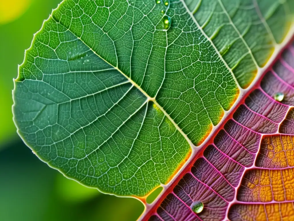 Detalle de la clorofila en una hoja verde, mostrando su red y beneficios en la oxigenación celular