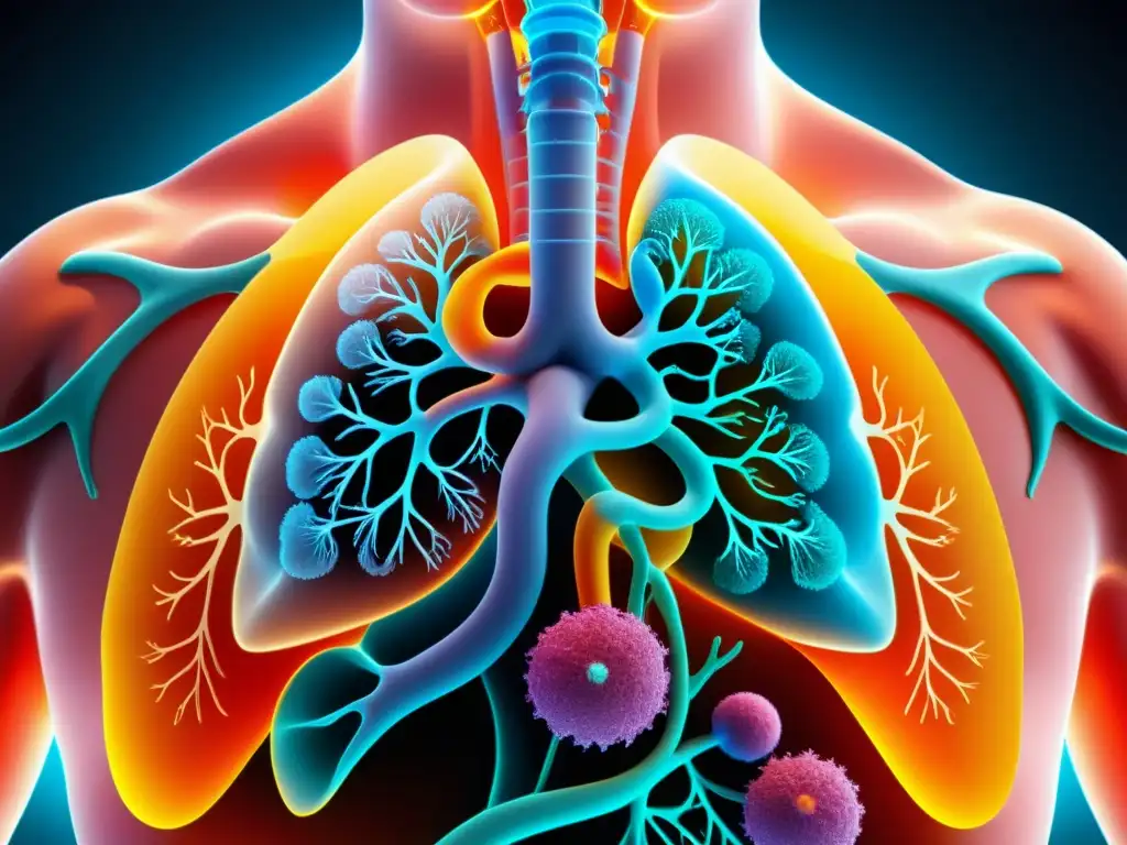 Detalle colorido del sistema respiratorio humano, destacando la complejidad de las vías respiratorias