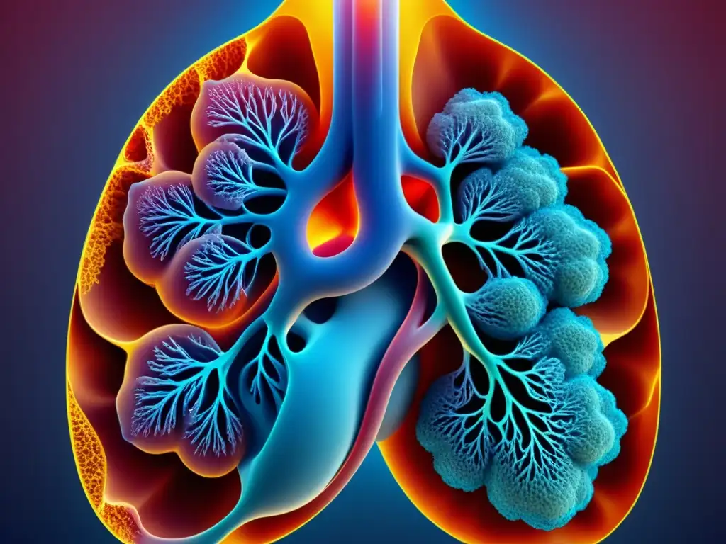 Detalle colorido del sistema respiratorio humano, mostrando el intricado funcionamiento de la respiración en el organismo