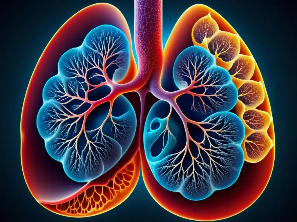 Detalle de los delicados alvéolos pulmonares y vasos sanguíneos, resaltando la importancia histórica de la respiración en el cuerpo humano