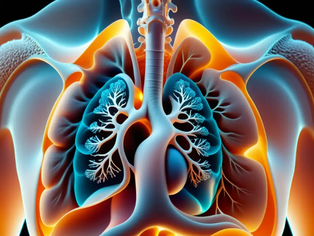 Detalle excepcional de la fisiología de la respiración profunda efectos, mostrando el movimiento del diafragma y la expansión pulmonar