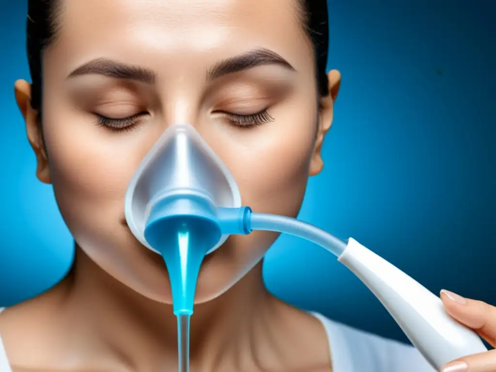 Detalle de higiene nasal para evitar infecciones: irrigación nasal con neti pot moderno, mostrando el flujo suave de solución salina de una fosa nasal a otra, con la inclinación de la cabeza para una demostración perfecta de la higiene nasal adecuada