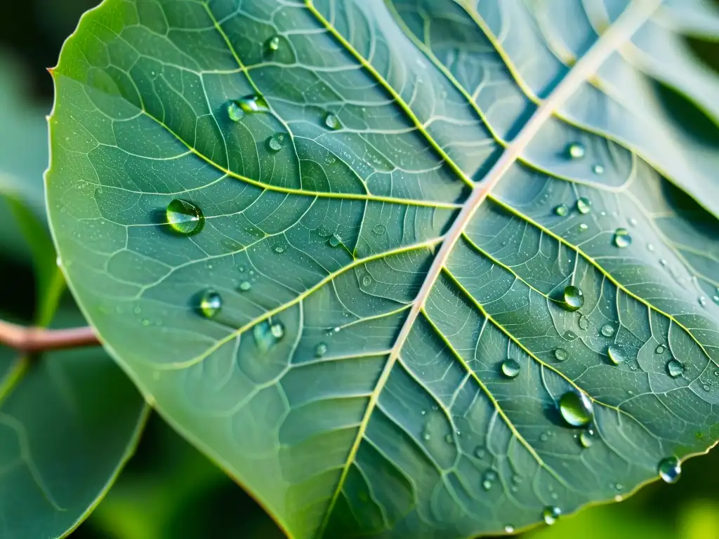 Detalle de una hoja de eucalipto con venas y aceite esencial, ideal para suplementos naturales para mejorar la respiración